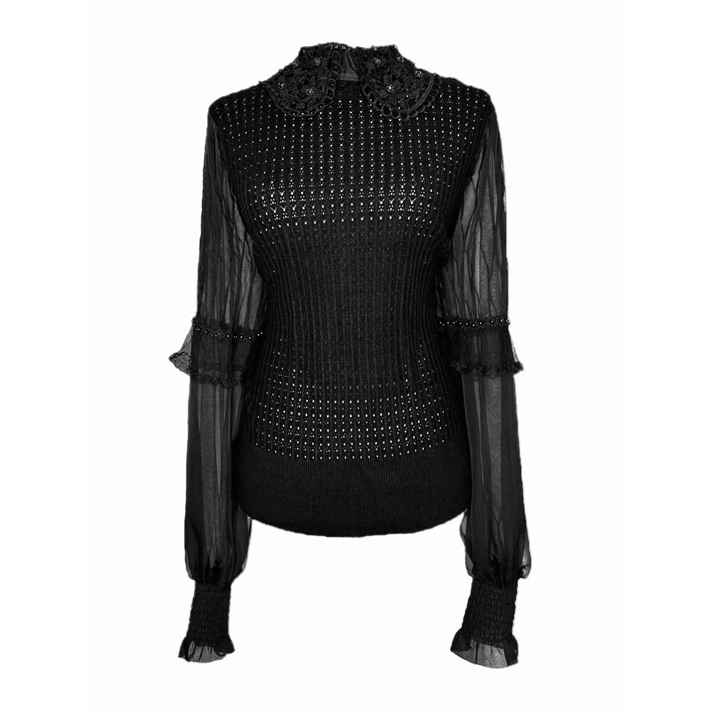 AZI Jeans Women's Size XL Black Dressy Sweater Sheer Puff Sleeves Pearls NWT